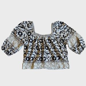 Christian Siriano Linen Blend Floral Top Size M Crochet Lace Crop Puff Sleeves